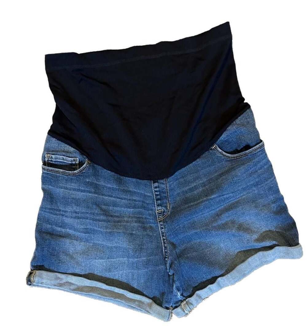 Maternity Denim Shorts with Full Panel Dark Wash Rolled Hem